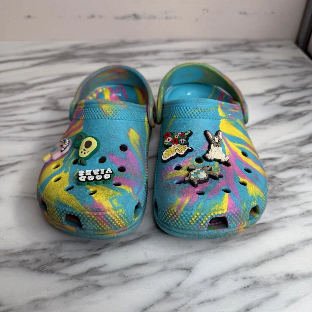 Crocs Classic Marbled Tie Dye Clogs Blue Pink Yellow Toddler SzJ 2 Girls Slip On